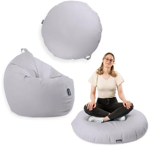 BuBiBag 2in1 Sitzsack Sitzkissen mit Füllung |Medium, Ø:110 cm, Grau | Indoor & Outdoor Beanbag | Geeignet für Kinder Innen- & Außenbereich Kinderzimmer | Wasser- & Schmutzabweisend Wetterfest