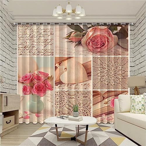 Curtain Pink Plaid Rose 3D Pattern Eyelet Thermal Microfiber Insulated Blackout Curtains For Kids Teens Boys Bedroom Living Room/Uv Protection/Soundproofing 280 X 250 Cm -6F0G/Y8D