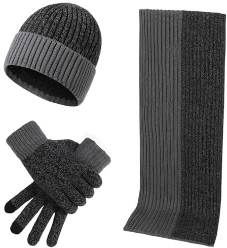 Sevpuikl Warmes Beanie Mütze Schal und Touchscreen Handschuhe Set Für Männer und Frauen 3 in 1 Strickset Doppelte Farbe(Dunkelgrau)