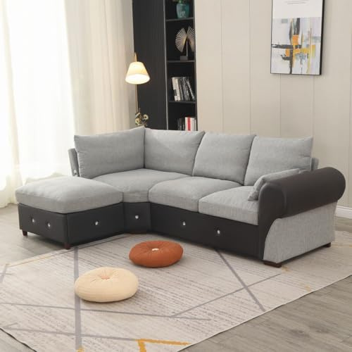 Panana Fabric and Faux Leather Corner Sofa 3-4 Seater L Shape Sofa with Built- in USB Port Chaise, Light Grey
