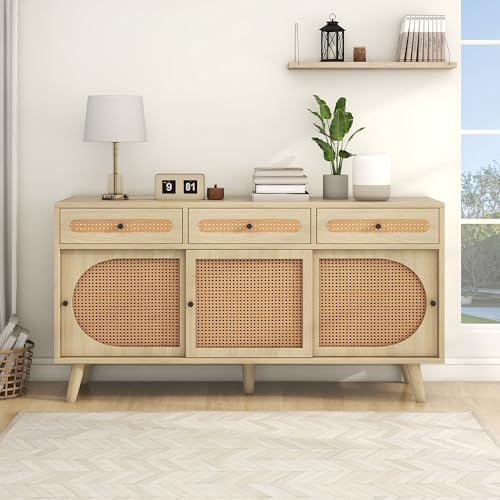 Dolamaní Aparador de madera, cómoda con 3 cajones, armario con 3 puertas correderas, puerta de ratán de polietileno y estantes ajustables, roble (roble, 140 x 40 x 78 cm)