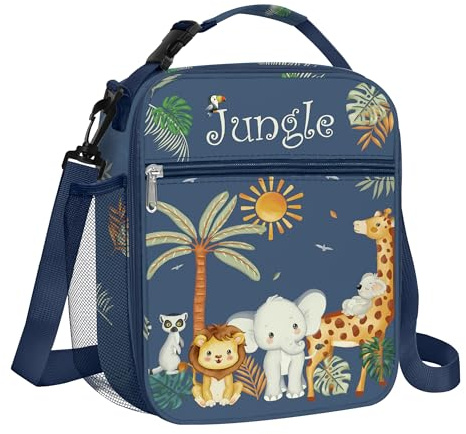 Clastyle Sac Isotherme Repas Enfant Bleu Animal de la Jungle, Petit Sac Lunch Box Portable mit Porte-Bouteille, Sac Dejeuner Garçons pour L'école mit Bandouliere