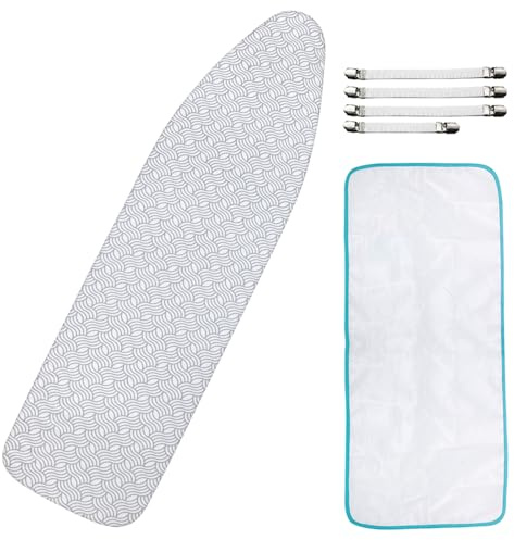 Ironing Board Cover and Pad, Standard Size 15x54 Iron Board Cover with Padding, Scorch & Stain Resistant Thick Iron Padded, Non-Slip Elastic Edge & Fasteners Clip for Daily Ironing, White Wave