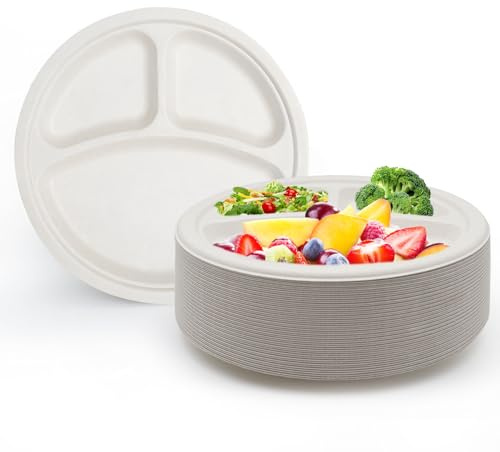 RZMZBY 50 Stücke 22.5cm Einwegteller mit 3 Unterteilung, Einweg Teller aus Zuckerrohr, Mikrowellengeeignet, Biologisch Abbaubar, für Party/Haushalt/Picknick - Weiß