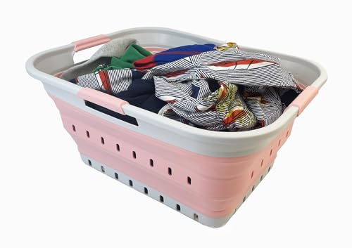 SAMMART 42L zusammenklappbarer Wäschekorb aus Kunststoff – faltbarer Pop-Up-Aufbewahrungsbehälter/Organizer – platzsparender Korb/Korb (Grau/Quarzrosa)