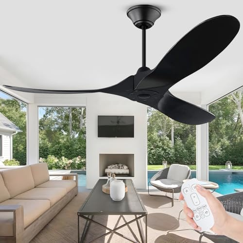 OUENGK Schwarzer Deckenventilator ohne Licht, 152cm Outdoor-Deckenventilator aus Holz mit Fernbedienung, moderner leiser reversibler Deckeventilator für Terrasse, Schlafzimmer, Wohnzimmer