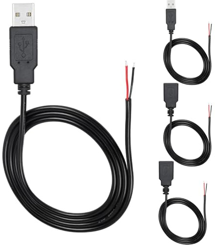 RUNCCI-YUN 4Pieces USB A Pigtail Kabel 5V / 2A USB 2.0 Power blankes Kabel Pigtail 22 AWG USB 2.0 Plug Socket 2-Pin löten DIY Pigtail Cable for USB Devices Repair DIY Cable(100cm)
