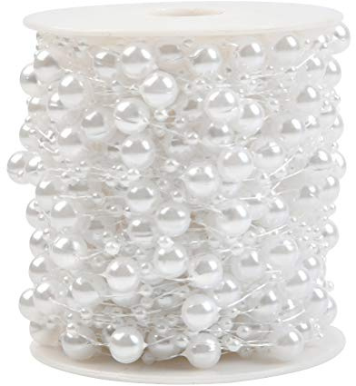 Perlenband 60m Perlenkette Perlengirlande Weiß Kunstperlen Perlen Weihnachtsbaumkette - 8mm & 3mm Künstliche Perlen auf Angelschnur Perlenschnur für DIY Hochzeit, Weihnachten, Haarschmuck