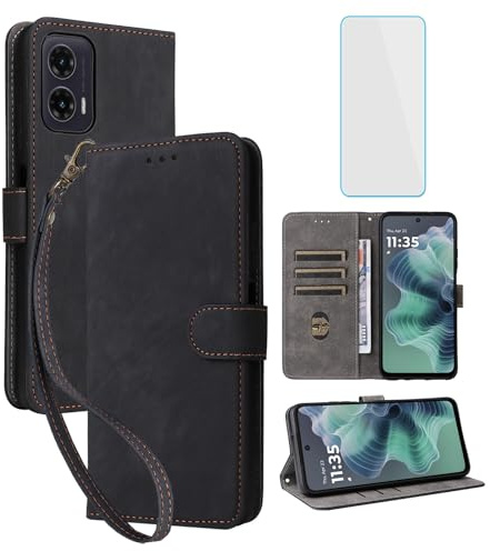 IUQXU RFID Wallet Phone Case for Motorola Moto G35 5G Black | with Screen Protector,Leather Flip Cover,Card Slot,Kickstand,Women Men Mobile Phone Case for Motorola G35 G 35 MotoG35 5G