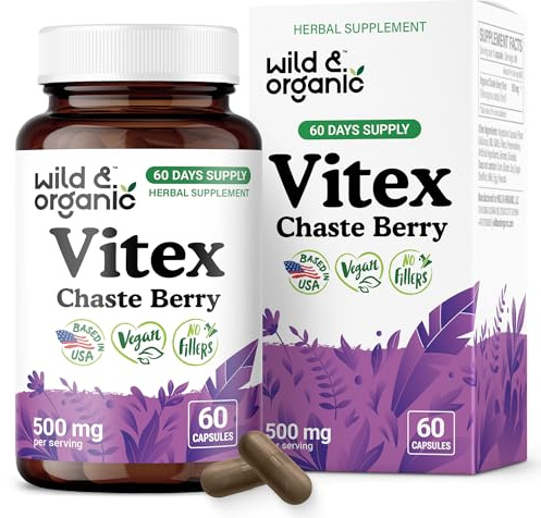Wild & Organic Vitex Chasteberry Supplement for Women - Peri Menopause Supplements for Women - Vitex Berry Powder Capsules - Chaste Tree Berry Agnus-Castus - Vegan, No Fillers, Non-GMO - 60 Count