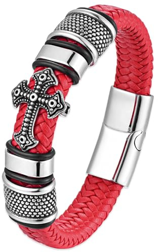 Mochity Bracelet Homme Cuir, Bracelet Vikings Homme, Croix Chretienne Hommes Bracelets Acier Argent Noir, Bijoux Cadeau Hommes