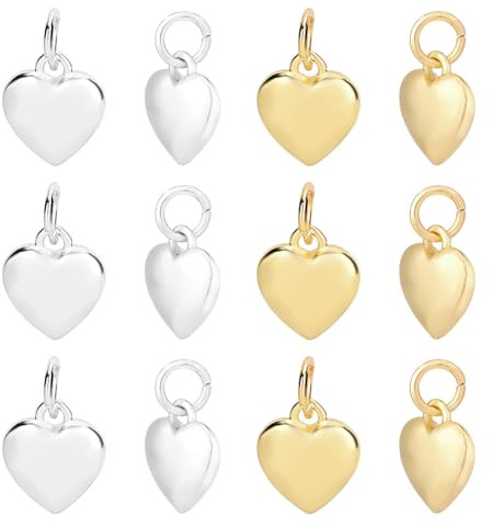GOMAKERER 12 Stück Herz Charms, 2 Colors Messing Herzanhänger 3D Love Shape Anhänger Gold Silbernem Herzanhänger Metall Valentinstag Heart Charms Für Verlängerungsketten Halsketten Ohrringe