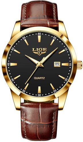 LIGE Orologio Vintage Uomo Elegante Analogico Quarzo Classico Wrist Watches For Men Impermeabile In Vera Pelle Pointer Luminoso Business Orologio Da Polso Uomo Con Data,Oro nero