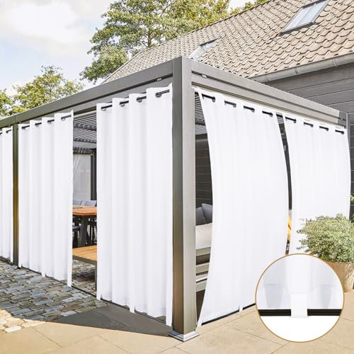 Teruntrue 2 Stücke Outdoor Vorhang Wetterfest mit Ösen, Outdoorvorhänge Balkon Vorhang Terrasse Vorhänge Outdoor Gardinen Sonnenschutz & Sichtschutz Vorhänge mit Schlaufen Unten, H213 x B254 cm, Weiß