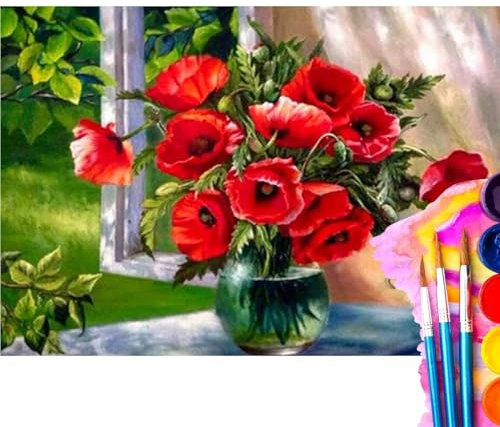 Malen Nach Zahlen Erwachsene Mohnblumen,Blume Malen Nach Zahlen DIY set Handgemalt Ölgemälde,Mit Pinseln und Acrylfarbe,Bastelset Erwachsene Frauen für Geschenke und Home Wand Dekoration 90x120cm Q32