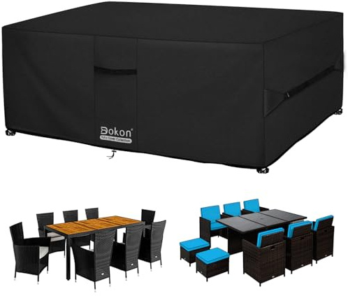 Dokon Housse Salon de Jardin Exterieur avec Aérations, Imperméable, Résistant au Vent, Anti-UV Tissu Oxford 420D Bache Meubles Housse de Protection Table de Jardin Rectangulaire (180x100x74cm) Noir