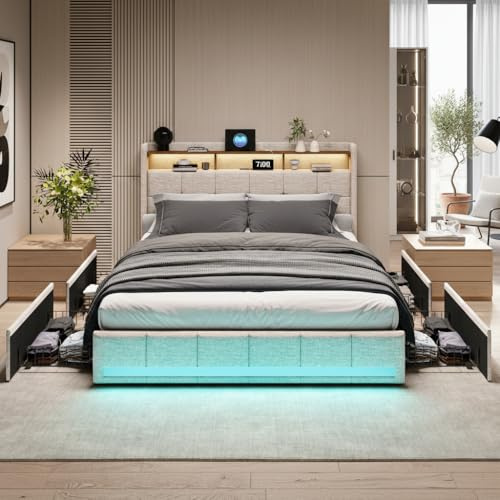 Cama con Espacio de Almacenamiento hidráulico 140x190,Cama tapizada con LED,Cama Acolchada con cajón,Cama Doble con LED y 4 cajoneras,Camas matrimoniales Maletero con cabecero y somier (Beige+Lino)