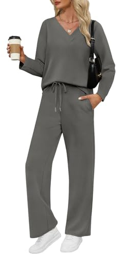 VUTRU Conjunto deportivo de dos piezas para mujer elegante de algodón con cuello redondo, chándal de manga larga, camisetas y pantalones anchos con bolsillos, traje deportivo para mujer, gris, XXL