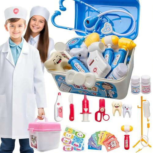 XUBX 38PCS Kit De Jeu De Rôle Du Médecin, Jouet Jeux Avec Stéthoscope, Thermomètre, Seringue, Sac De Médecin Et Déguisement Docteur, Jouet d'Imitation Et Cadeau Pour Enfants Dès 3 Ans