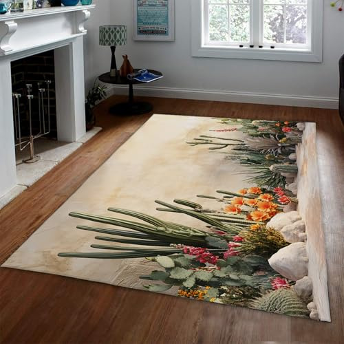 UERWOWELL Garden Floral Rug Desert Plants Green Cactus & Flower Indoor Thin Carpets for Living Room Bedroom Hallway Patio Non Slip Washable 120x150cm