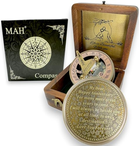 Anniversary Brass Sundial Compass Gift for Him or Her – Keepsake for Husband, Wife or Couple – 50th 40th 25th 20th 1st Year Wedding or Love Celebration – Engraved or Embossed Romantic Quote Compass