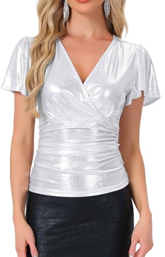 Allegra K Haut de Soirée Femme Blouse Métallique Col en V Manches à Volants Chemisier Cache-Cœur Brillant Argent M