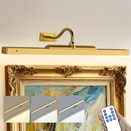 Craftersmark 24 Inch Picture Light for Wall - Battery Operated Wireless Wall Sconce with Remote & Timer for Artwork, Portrait, Photo & Frame (Antque Gold)