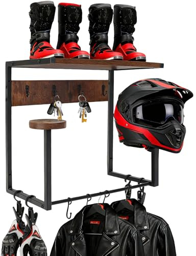 GHWMYD Support Casque Mural, Porte Casque Moto Rétro pour Accrocher 2 Casquette, Accessoires de Rangement pour Moto, Veste Moto Étagère de Rangement, Support Mural pour Gilet Tactique