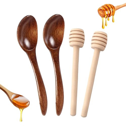 4 Pcs Honey Spoons Wooden,WoodenHoney Spoons Dipper is Easy to Clean and Reuse,HoneyStirrer Sticks for Honey, Jam, Syrup, Dessert, and More-NaturalHoney Mixing Spoons