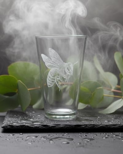 Gravur-Shop Buchmueller, Designerglas mit kunstvoller Gravur, mit persönlichem Text gestalten, 300 ml, Trinkglas, mit weiße Gravur, Geschenkidee, Personalisieren (Biene, Klarglas)
