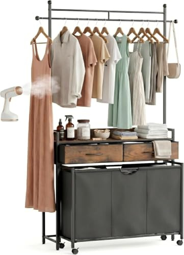 Mondeer Laundry Sorter with 2 Drawers and Hanging Rack, 150L Laundry Hamper with 3 Compartments Pull-Out Rolling Bag, Laundry Basket Organizer for Bathroom, Rustic Brown and Black