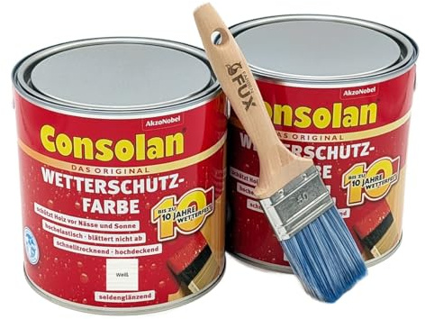 FarbenFux Consolan Wetterschutzfarbe 5 Liter Set inkl Profi Flachpinsel, deckender Holzschutz für Außen in allen Farbtönen (Weiß)