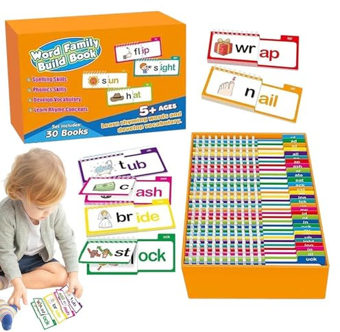 Word Family Build Book - Set med 30 böcker (lärande av fonetik) för utbildningen | Rima-flipbok, läskunnighetsutvecklingskort, pedagogiska verktyg för ordförråd