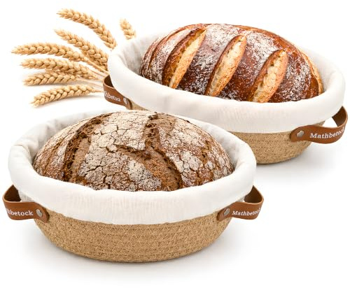 Gärkörbchen-Set für Sauerteigbrot, 23 cm rund & 26 cm oval aus Baumwollseil | Brot-Gärkorb-Set mit 2 Einlagen & 2 Abdeckungen für Boule & Batard, Backgeschenk für Frauen, Ehefrauen & Mütter