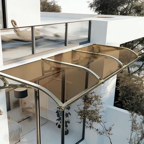 Polycarbonate Door Awning with Aluminum Brackets - Outdoor Canopy for Rain Snow & Sun Protection - 120x340cm (47x134) Brown Entryway Cover for Windows & Patios
