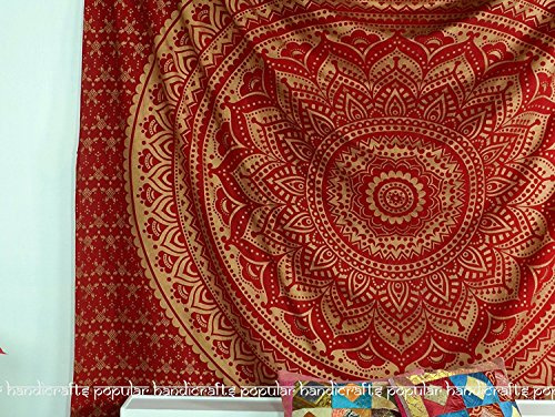 Popular Handicrafts Kp691 Original Gold Ombre Tapisserie Mandala Tapisserie Wandkunst Hippie Wandbehang Bohemian Tagesdecke mit metallischem Glanz Wandteppiche 215 x 230 cm, Rot
