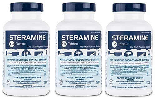 Steramine Quaternary Sanitizing Tablets (450 Count) - Commercial Sanitizer Tablets for Food-Contact Surfaces, Kitchen & Food Service - No-Rinse Dish Sanitizer Sanitabs - 150-Count/Bottle, 3-Pack