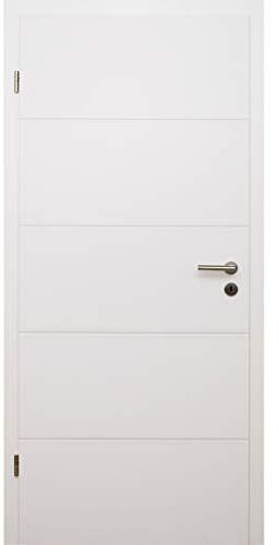 HORI Zimmertür Komplettset mit Zarge und Türdrücker I Innentür weiß lackiert mit 4 Querstreifen I Höhe 198,5 cm I Anschlag, Breite und Wandstärke wählbar - DIN links - 1985 x 985 x 140 mm