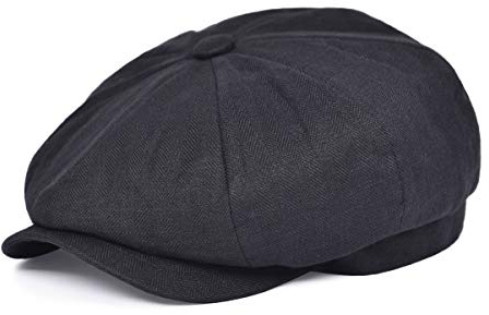 BOTVELA Herren Leinen Newsboy Cap Fischgrätenmütze Atmungsaktiv Sommerhut, Fischgrätenmuster, Schwarz, 7/7 1/8