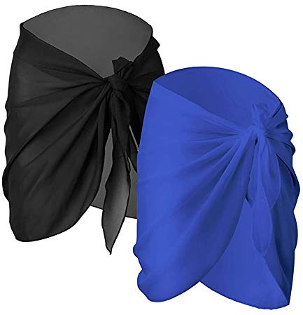 BaiJ Donne Spiaggia Wrap Sarong,2 Pack Sarong Pareo da Spiaggia in Chiffon Donna Pareo Mare Chiffon Bikini Cover Up Coprire Gonne Avvolgent for Holiday Nuoto Nero+Blu