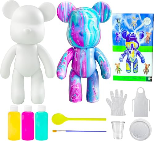 Kit de manualidad creativa - Figura para pintar de oso con pinturas líquidas aleatorias y materiales - Pinta tu oso fluido, actividad artística y divertida - Regalo original para niños y adultos.