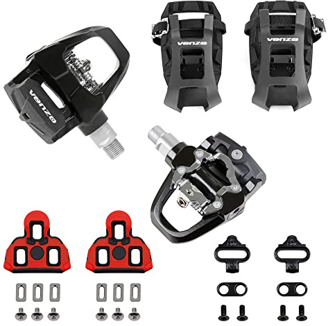 Venzo Kompatibel mit Shimano SPD-SL und Shimano SPD-System für Indoor-Fitness-Heimtrainer, Fahrradpedale und Stollen mit 9/16 Zoll Schwerlastspindeln, abgedichtetes Lager – Pedale + Käfige