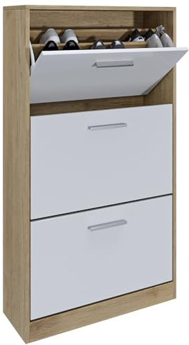 ZIK - Scarpiera Salvaspazio Slim in Legno (63x24x115h) Doppia profondità Scarpiera da Ingresso Verticale, Moderna, Scaffale Scarpe di Design Vari Colori per Vari Stili di Arredamento (Bianco e Rovere)