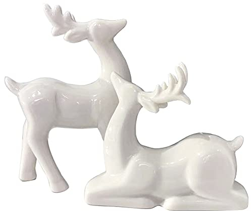 Lot de 2 Mini Figurines de Renne de Noël en Porcelaine - Décoration de Table pour Armoire, cheminée, étagères, cheminée, décoration d'intérieur