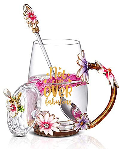 Luka Tech Flower Glass Mug Tea Cup with Spoon Birthday Gifts for Women | Not A Day Over Fabulous Unique Friendship Gift for Women,Gifts Ideas for Her,Friend,Mom Female,Sister,coworker