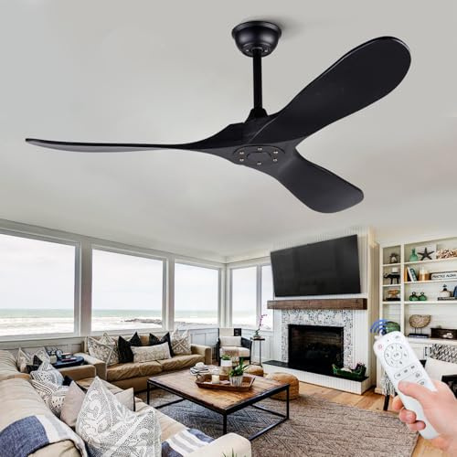 BOJUE Ventilador de Techo sin Luz 132 cm, Ventilador de Techo Negro con Control Remoto, 3 Aspas de Madera Maciza, para Interior/Exterior - Sala, Patio, Dormitorio, Cocina