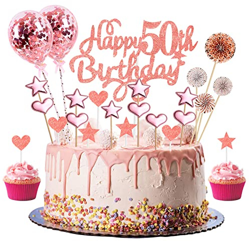 Happy 50th Birthday Cake Topper Rose Gold Glitter 50th Birthday Cake Topper Kit with Star Heart Paper Fan Confetti Balloon 23pcs Romantic Cupcake Topper for Women 50th Birthday Party Cake Decorations