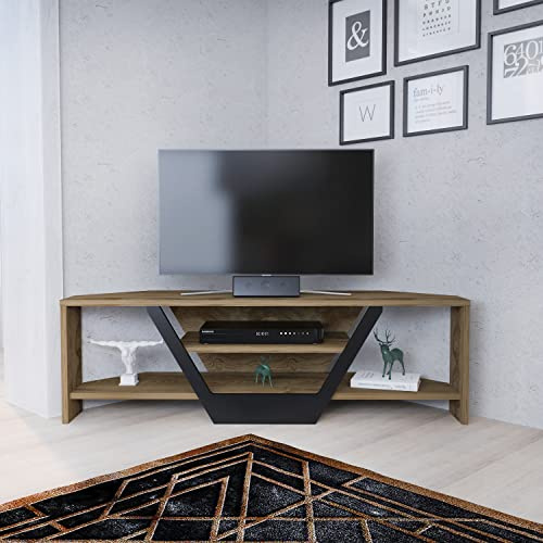 DECOROTIKA Sares Meuble TV d'angle Moderne avec étagères de Rangement Ouvertes pour Salon, Chambre à Coucher, Meuble TV – Oud et Noir
