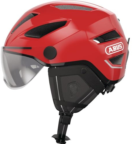 ABUS Stadthelm Pedelec 2.0 ACE - Fahrradhelm mit Rücklicht, Visier, Regenhaube, Ohrenschutz - für Damen und Herren - Rot, Größe M​