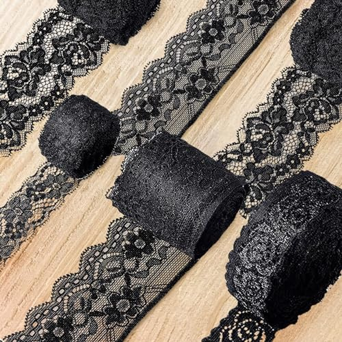 4 Rollen Spitzenbänder Schwarz Spitzenstoff Schwarze Spitzenband Schwarz | Blumen Spitzenband Strecken Blumen Muster Spitzenband Vintage Spitzen für Geschenkverpackung Valentinstag Basteln Hochzeit